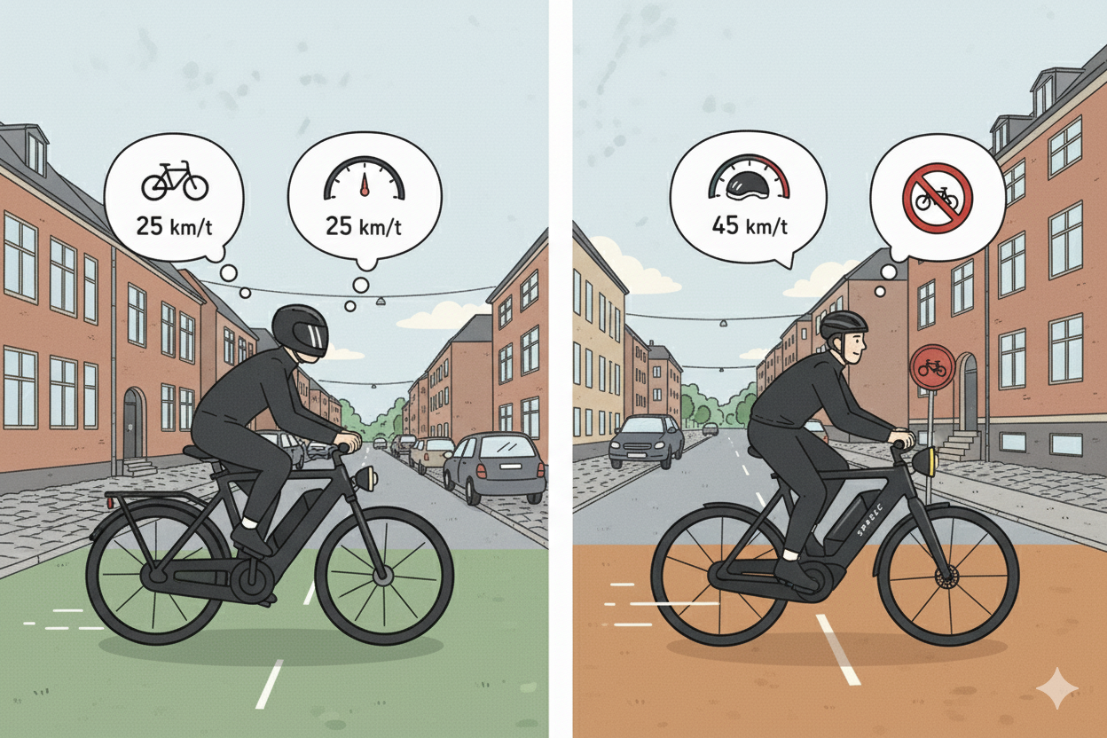 Illustreret sammenligning af de lovlige hastighedsgrænser (25 km/t) og forbud (45 km/t) for elcykler.