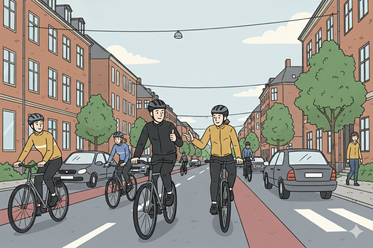 Tegning af cyklister i en bygade, hvor alle bærer cykelhjelme og en giver tommel op.