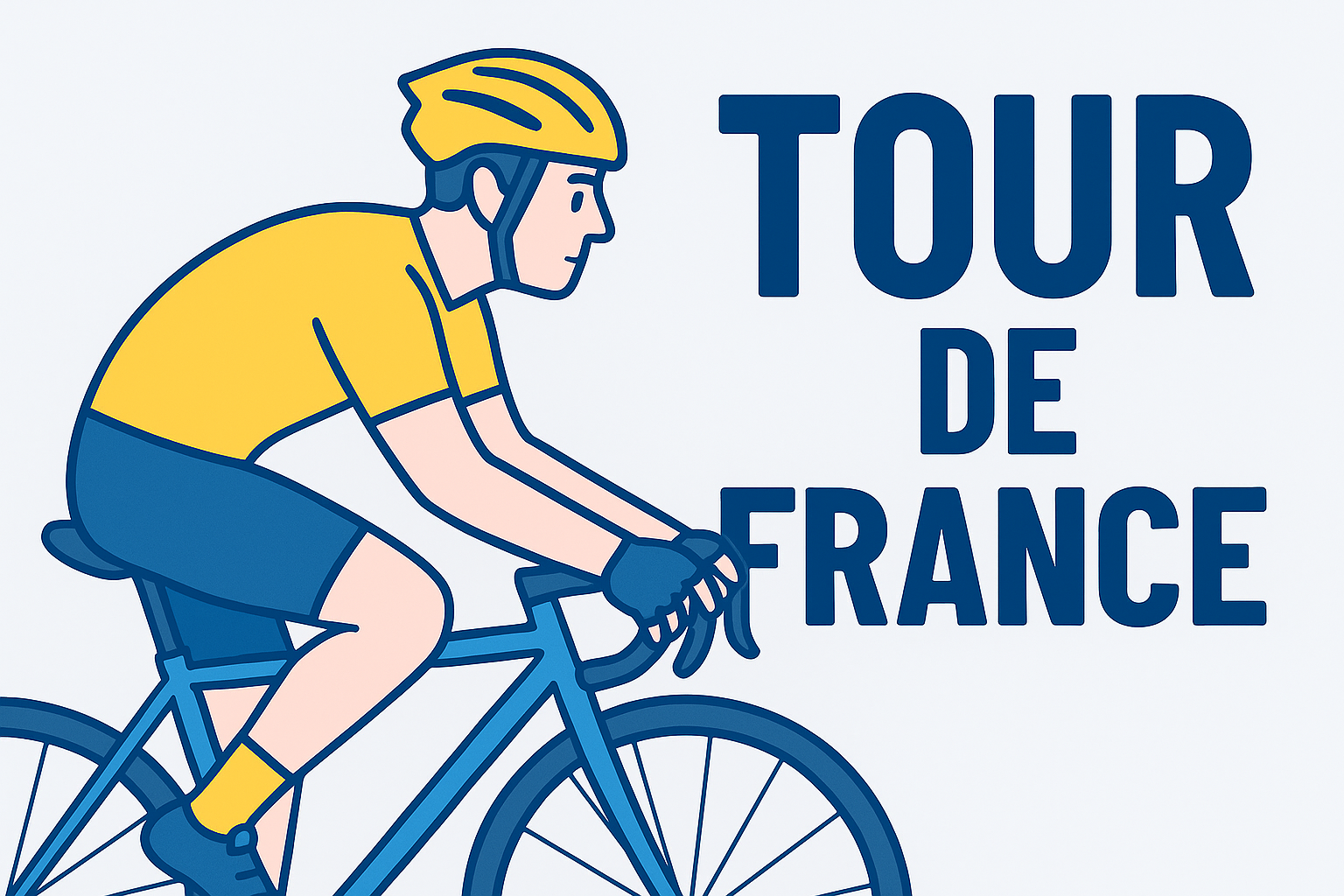 Et billede i tegneseriestil af en cykelrytter i en gul trøje og gul hjelm på en blå cykel, med teksten "TOUR DE FRANCE" ved siden af ham.