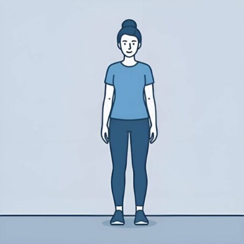 Illustration set fra siden af en kvinde, der står oprejst med ryggen og hælene mod en væg.