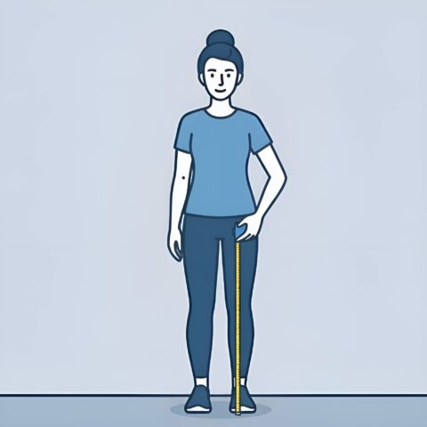Illustration af en person, der måler sin skridtlængde ved at holde et målebånd lodret fra gulvet op til toppen af inderlåret.