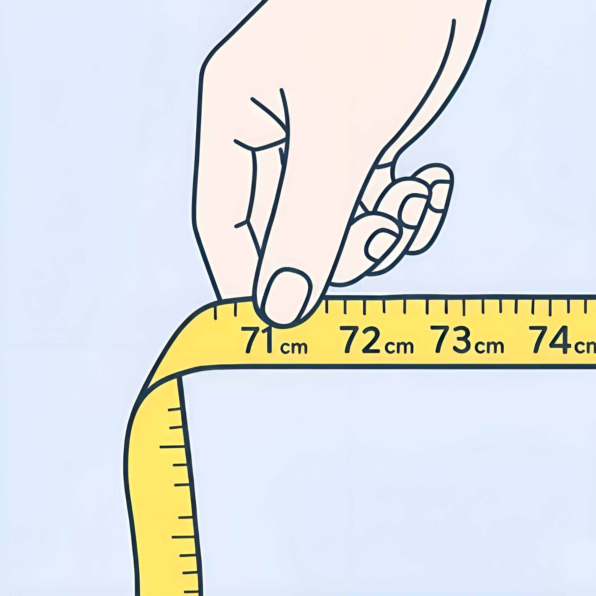 Nærbillede af en kvindelig hånd, der holder et målebånd. Tommelfingeren markerer tydeligt målingen på 72 centimeter.