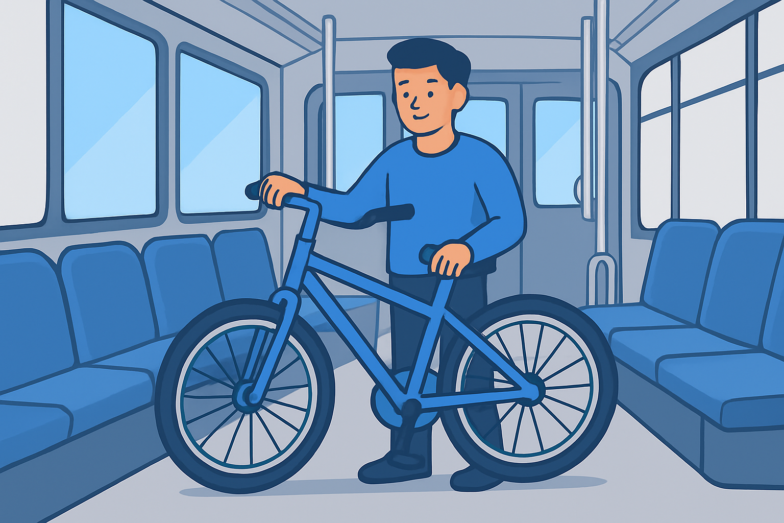 Illustration af en mand, der står med sin cykel i en bus.