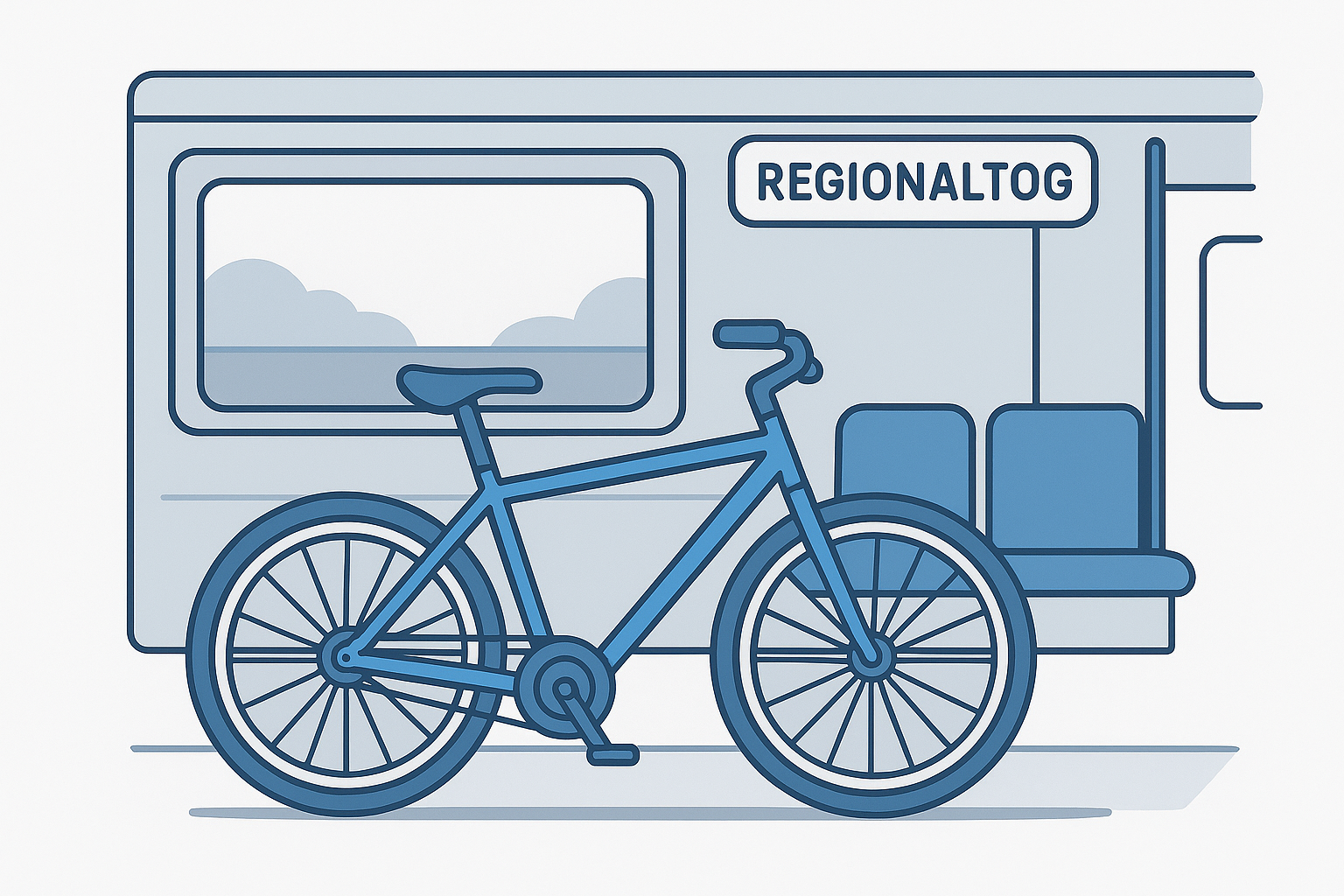 Illustration af en cykel i regionaltog med skiltet "REGIONALTOG" synligt