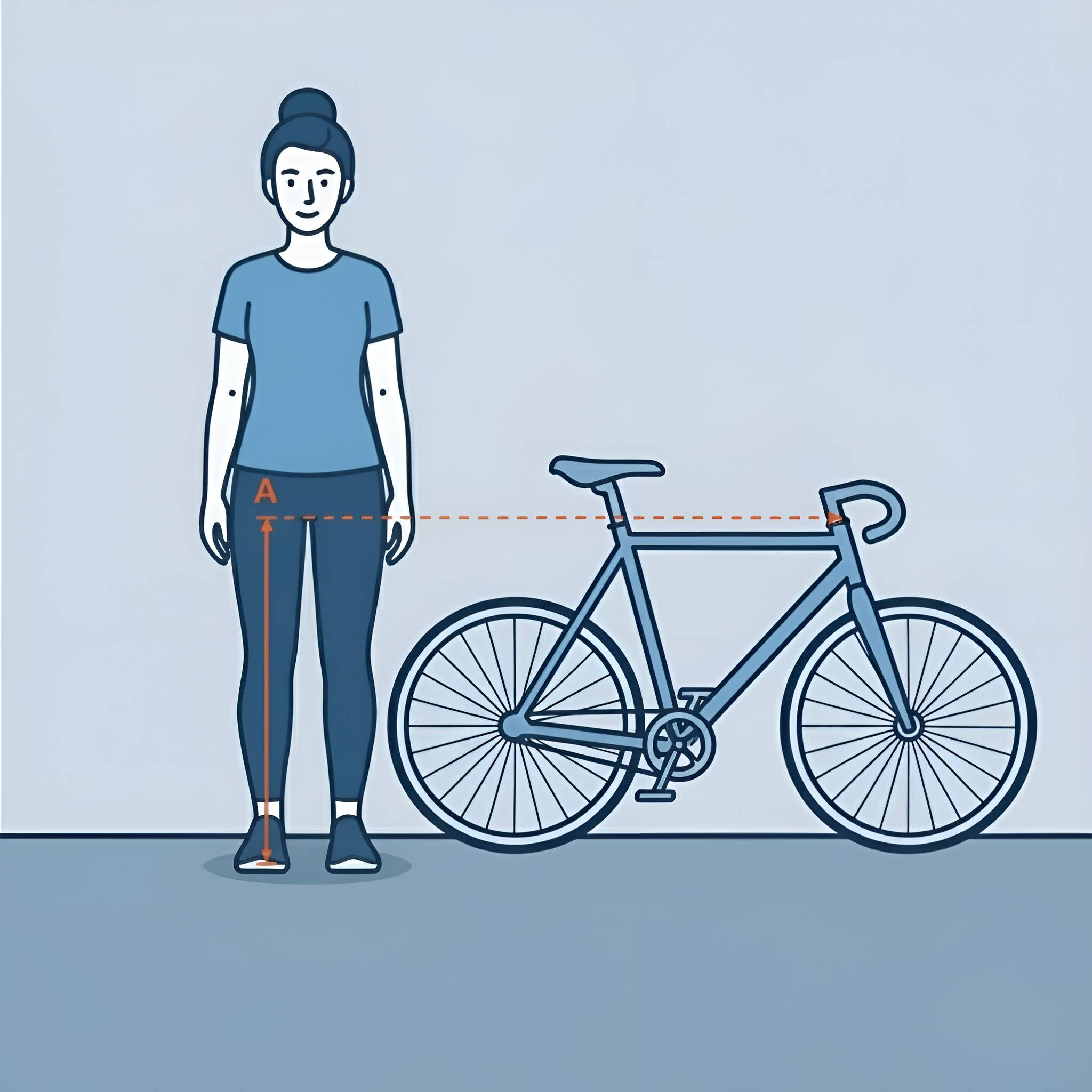 Illustration der viser en kvinde stående ved siden af en cykel, med en måling fra gulvet til skridtet markeret med en orange pil og bogstav A, for at guide i valg af cykelstørrelse.
