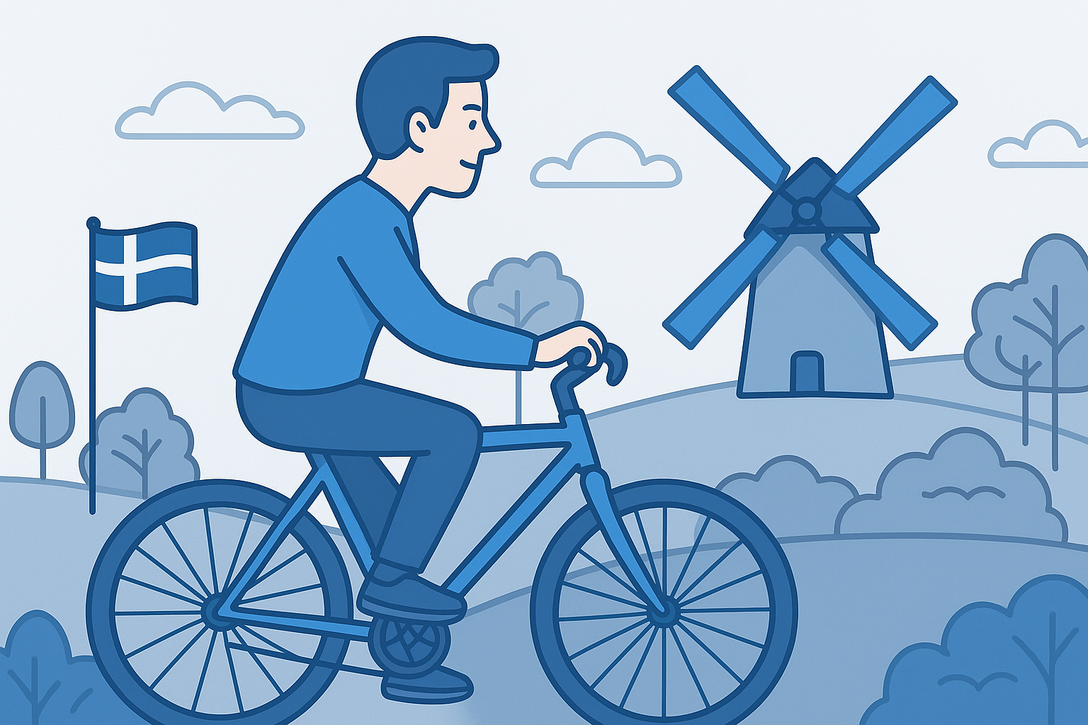 llustration af en person på cykel i et dansk landskab, med et Dannebrog og en vindmølle i baggrunden.