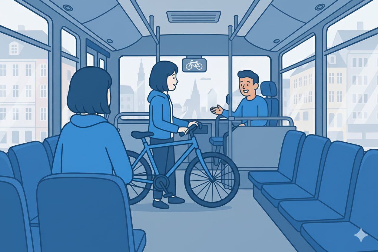 En illustreret scene, hvor en person tager sin cykel med om bord på en bus.