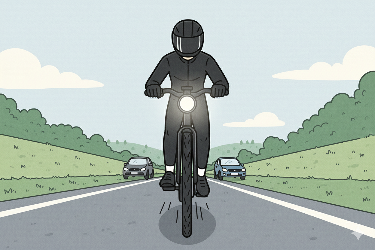 En tegning af en person i sort tøj og hjelm på en hurtig elcykel på en landevej.