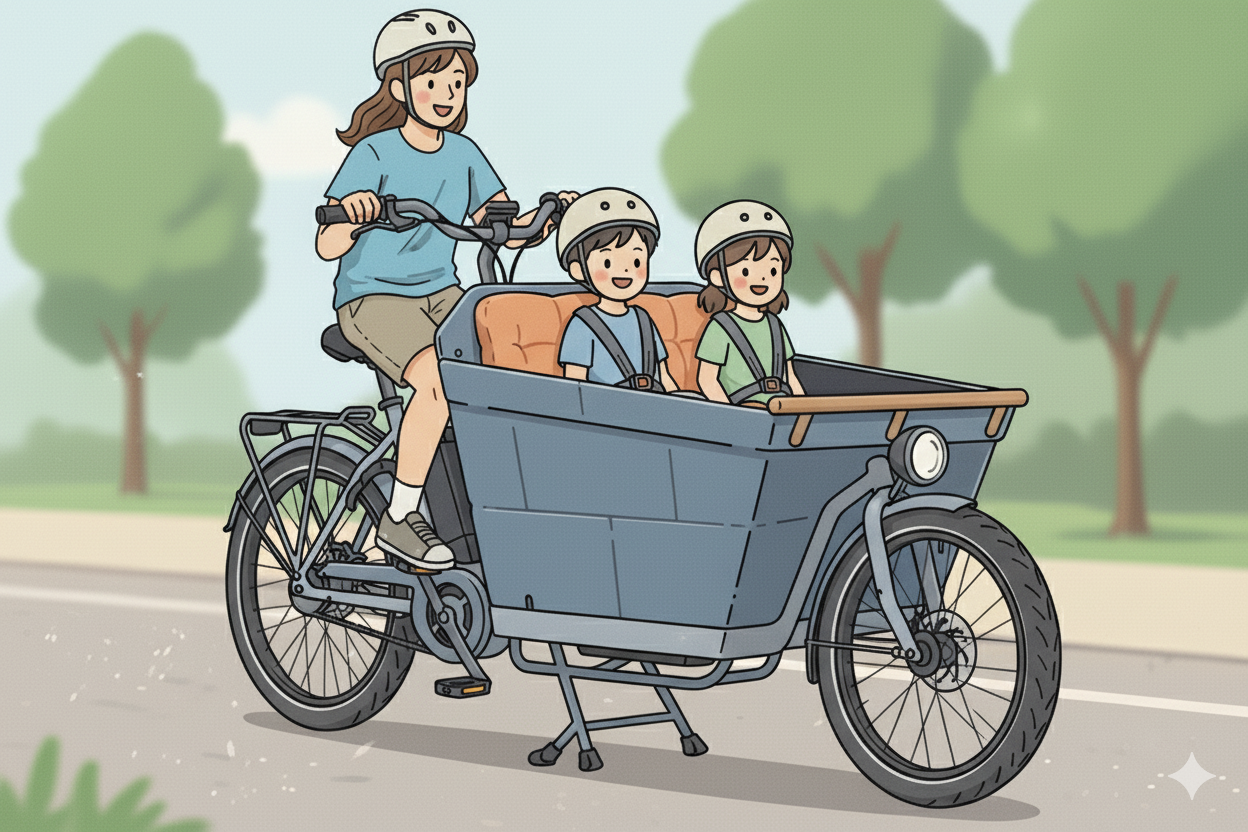 En glad kvinde cykler med to smilende børn i frontkassen på en ladcykel.