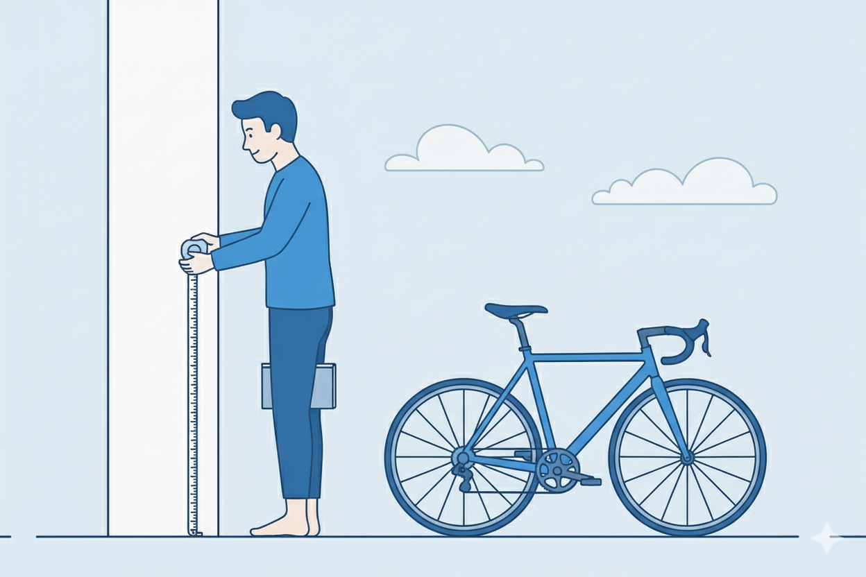 Grafik viser korrekt kropsmåling af skridtlængde op ad en væg for at finde den ideelle racercykel størrelse.