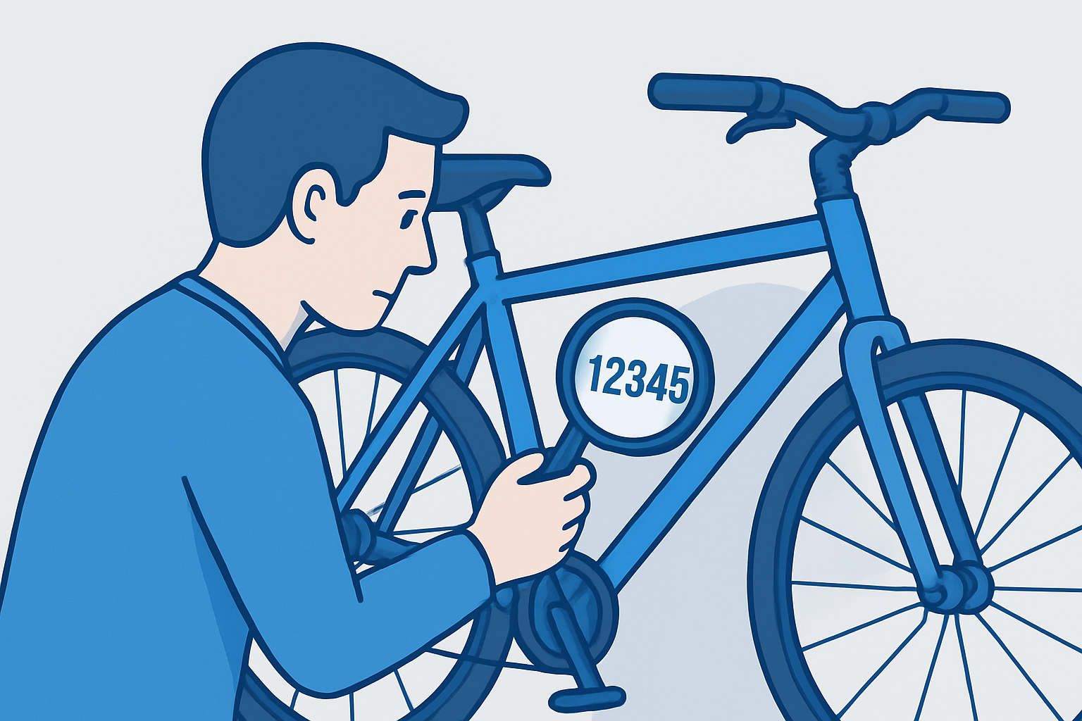 Illustration af en person, der bruger et forstørrelsesglas til at tjekke stelnummeret på en cykel.