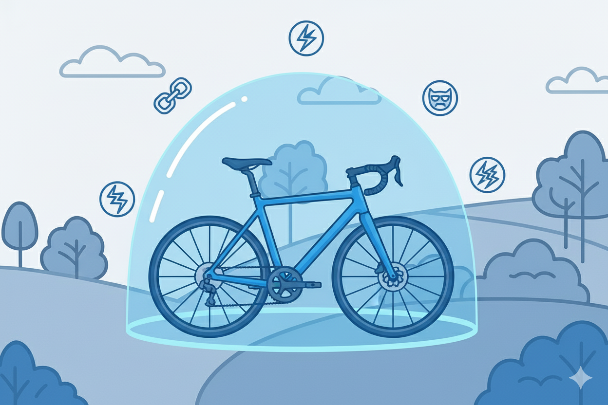 Illustration af en udvidet cykelforsikring, der holder cykel sikker i en beskyttende, blå kuppel, væk fra farer som tyveri og skader.